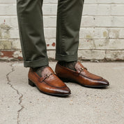 Men's Brown Ostrich-Embossed Leather Bit Loafers