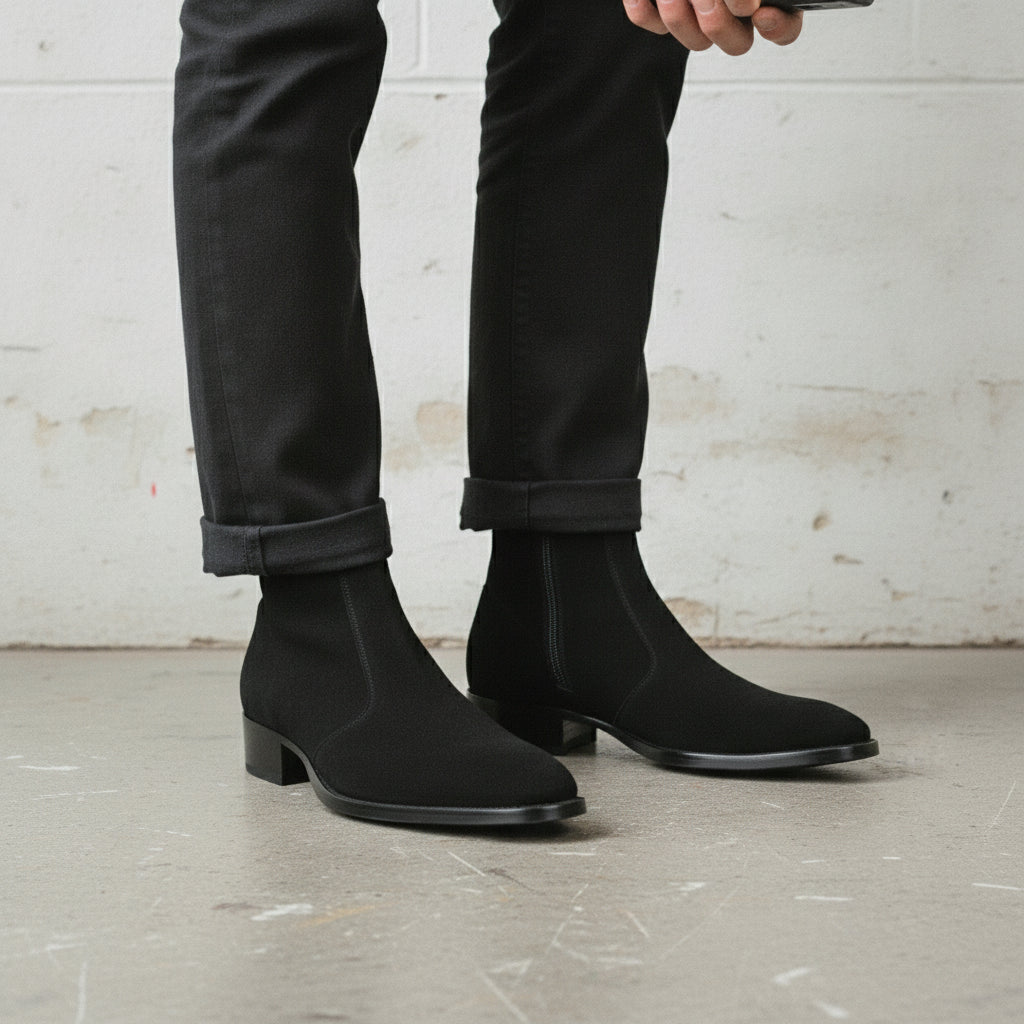 Men's Black Plain-Toe Suede Zipper Boots