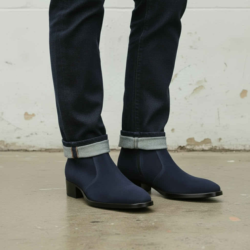Men's Navy Blue Plain-Toe Suede Zipper Boots