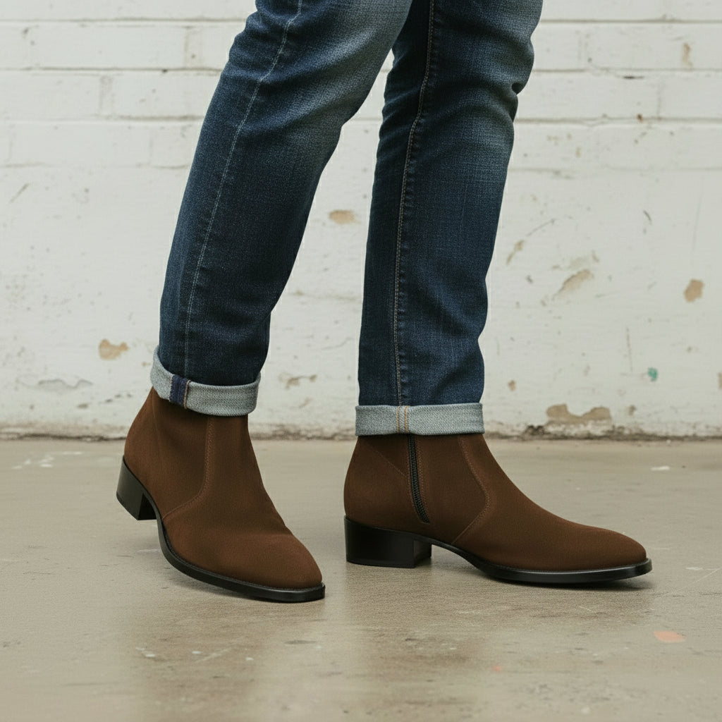 Men's Brown Plain-Toe Suede Zipper Boots