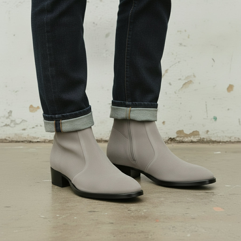Men's Light Gray Plain-Toe Suede Zipper Boots