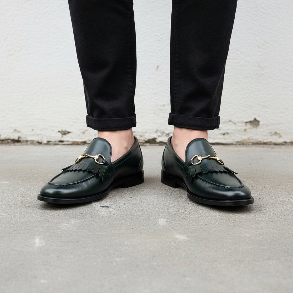 Men's Dark Green Apron-Toe Leather Bit Loafers