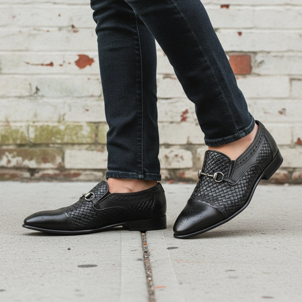 Men's Black Cap-Toe Leather Bit Loafers