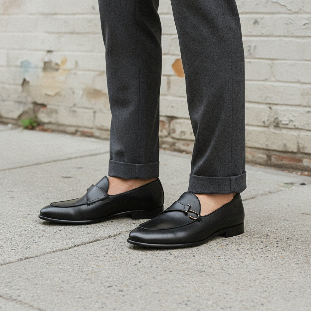 Men's Black Apron-Toe Leather Bit Loafers