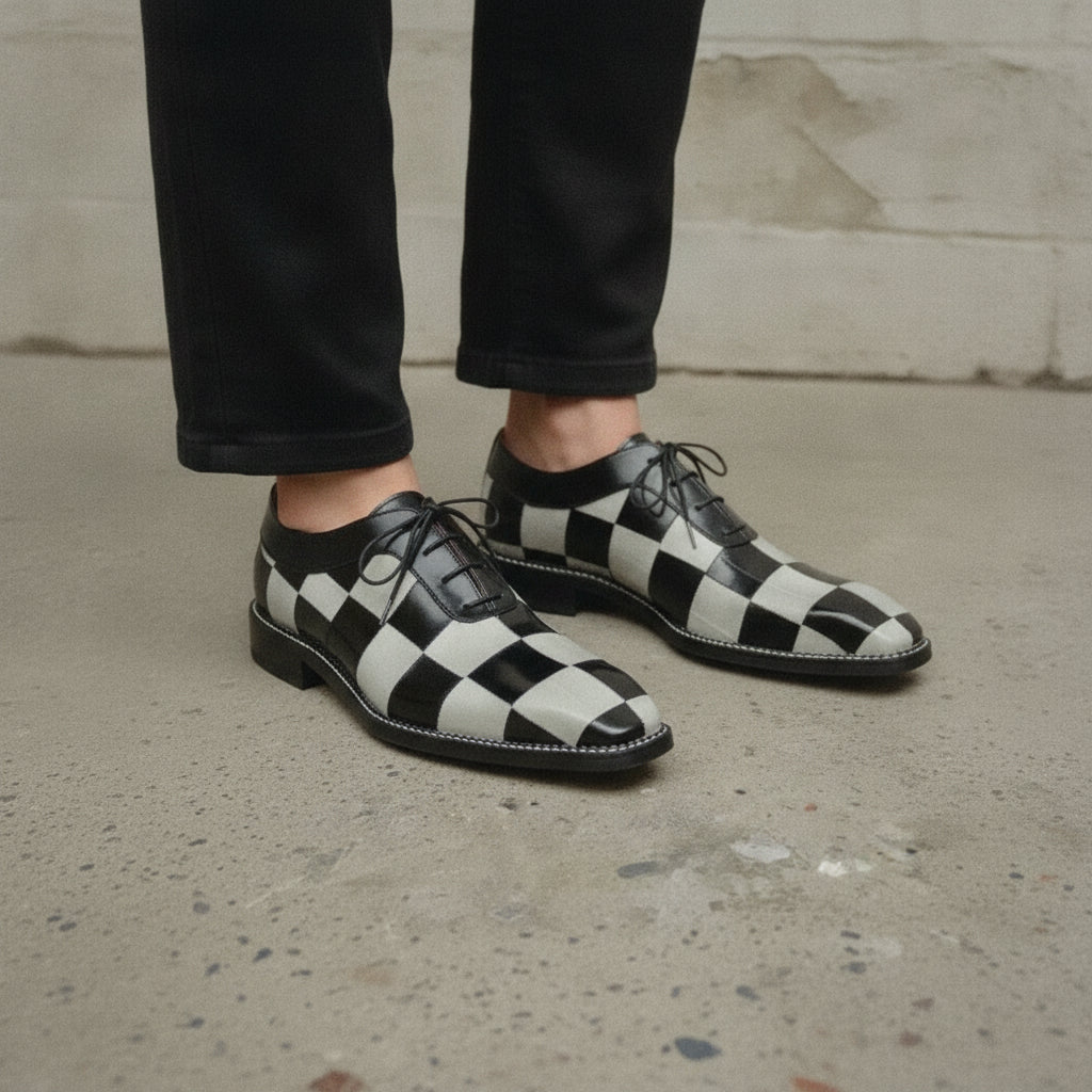 Men's Black and Off-White Checkerboard Leather Plain-Toe Oxfords — Abbotley