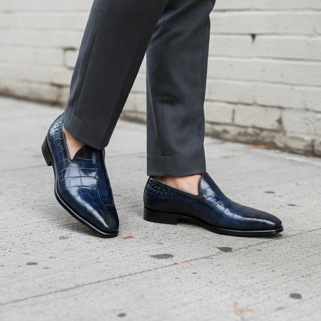 Men's Deep Burnished Navy Blue Alligator-Embossed Leather Venetian Loafers — Abbotsley