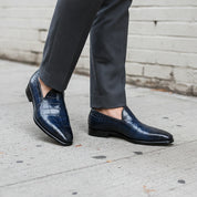 Men's Deep Burnished Navy Blue Alligator-Embossed Leather Venetian Loafers — Abbotsley