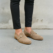 Men's Taupe Moc-Toe Suede Buckle Loafers
