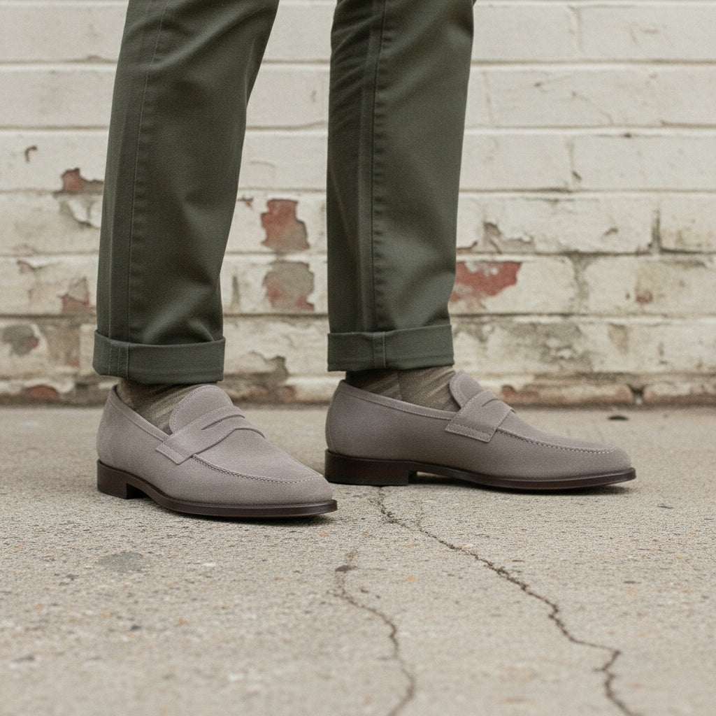 Men's Light Gray Apron-Toe Suede Penny Loafers — Marsden