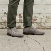 Men's Light Gray Apron-Toe Suede Penny Loafers — Marsden