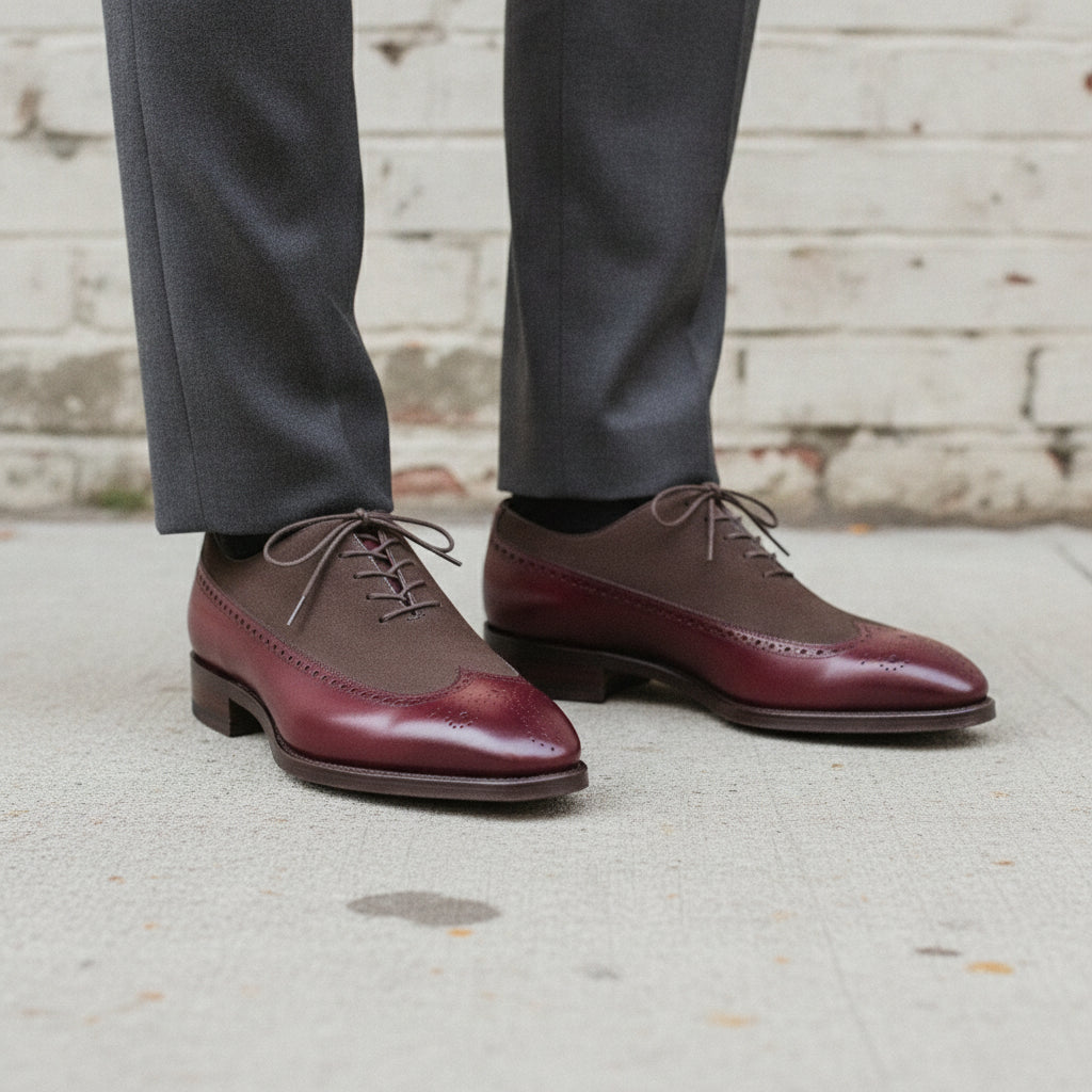 Men's Burgundy and Cognac Wingtip Leather Spectator Oxfords — Stephenson