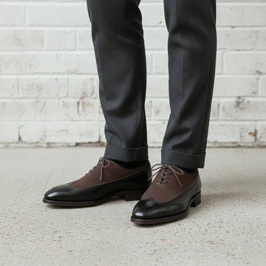 Men's Black and Cognac Wingtip Leather Spectator Oxfords — Stephenson