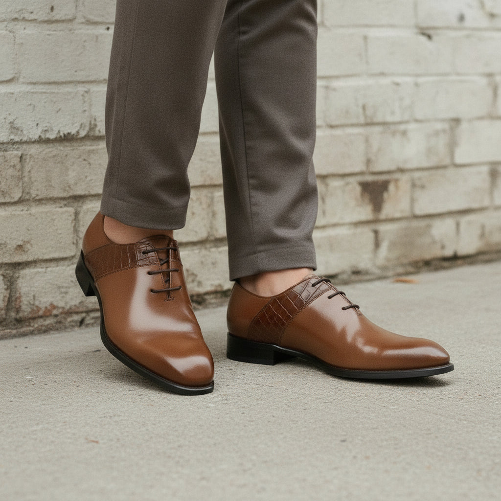Men's Brown Plain-Toe Crocodile-Embossed Leather Oxfords — Esmond