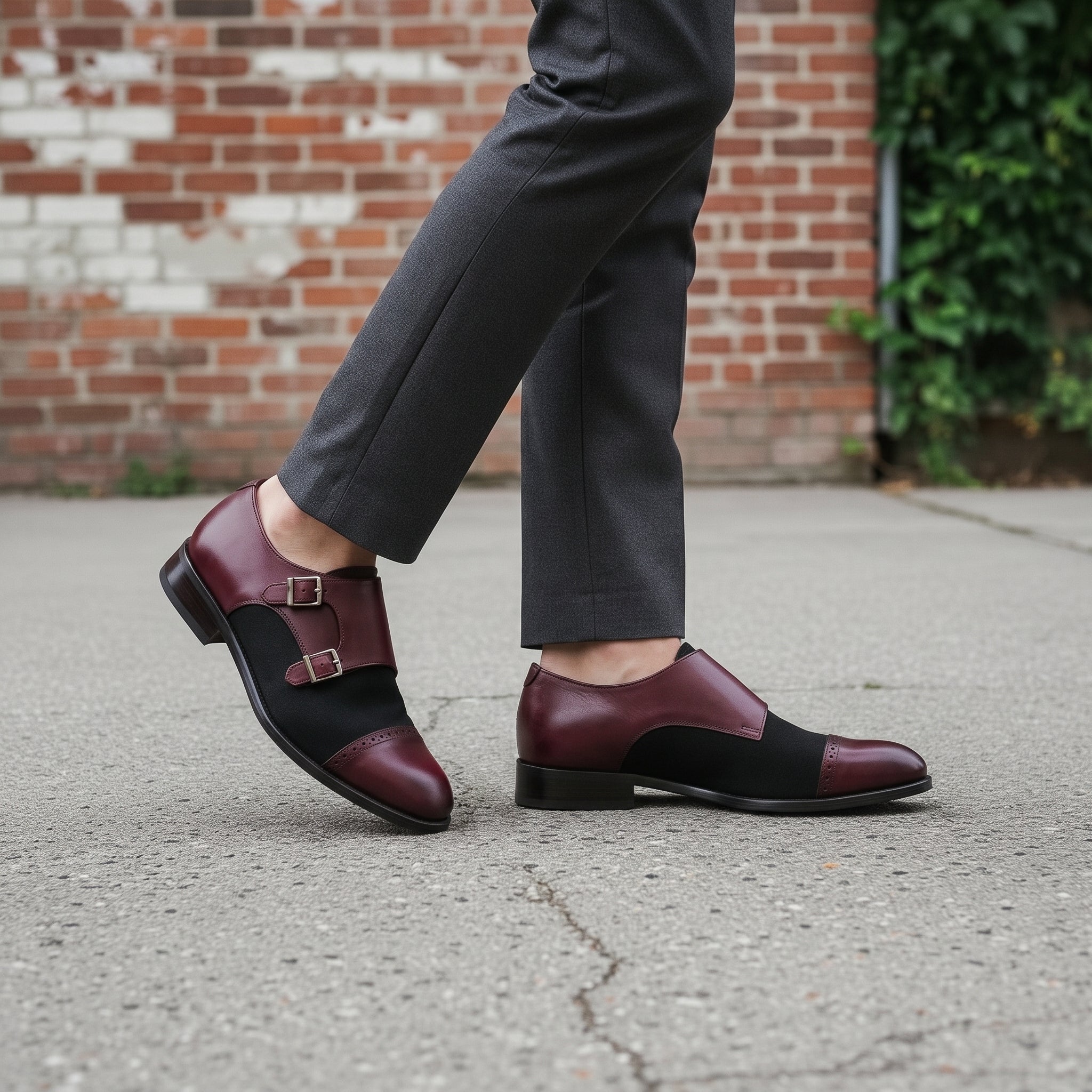 Men's Black and Burgundy Cap-Toe Leather Double Monk Strap Shoes — Uxbridge