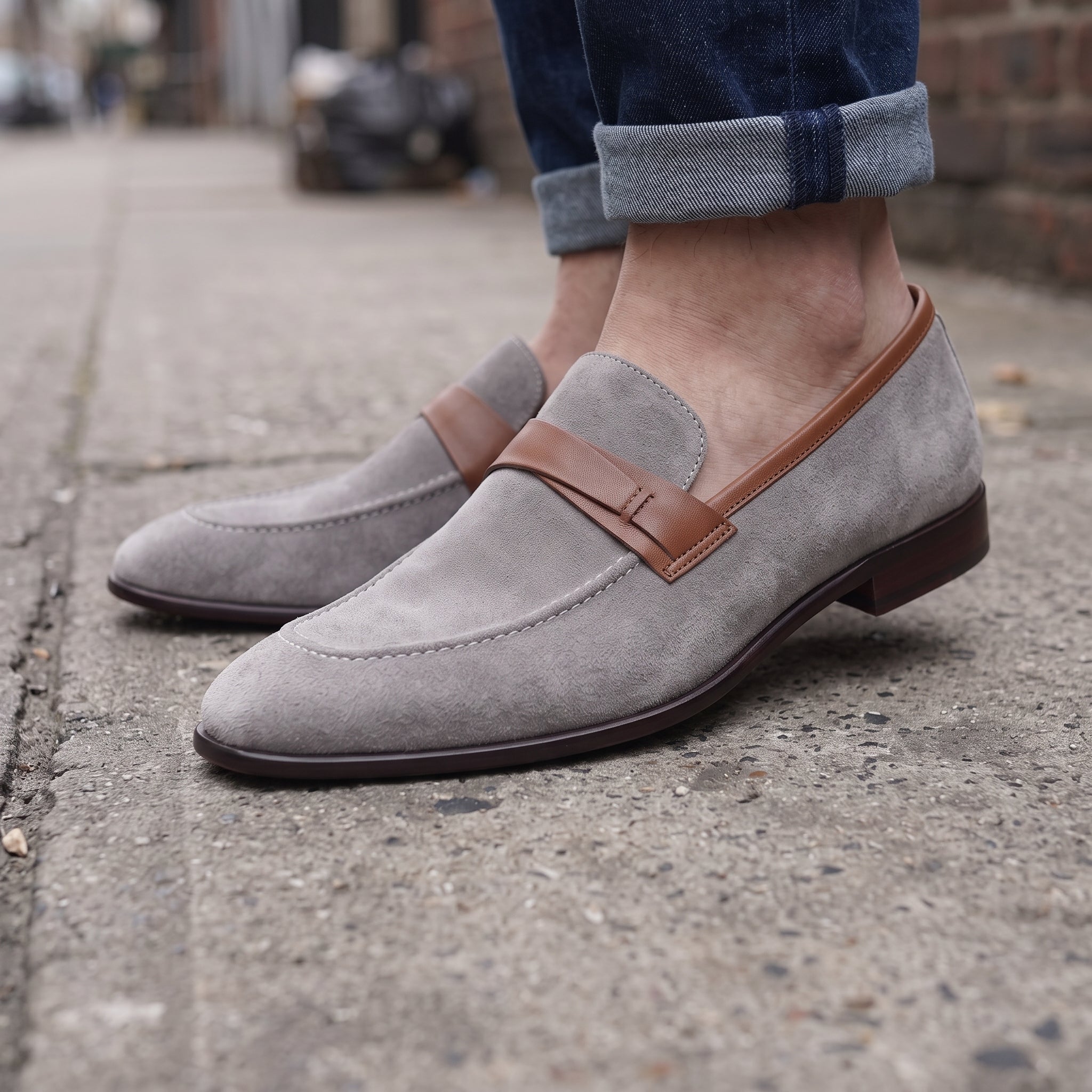 Light Gray and Tan Apron-Toe Suede Penny Loafers — Waltham