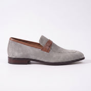 Light Gray and Tan Apron-Toe Suede Penny Loafers — Waltham