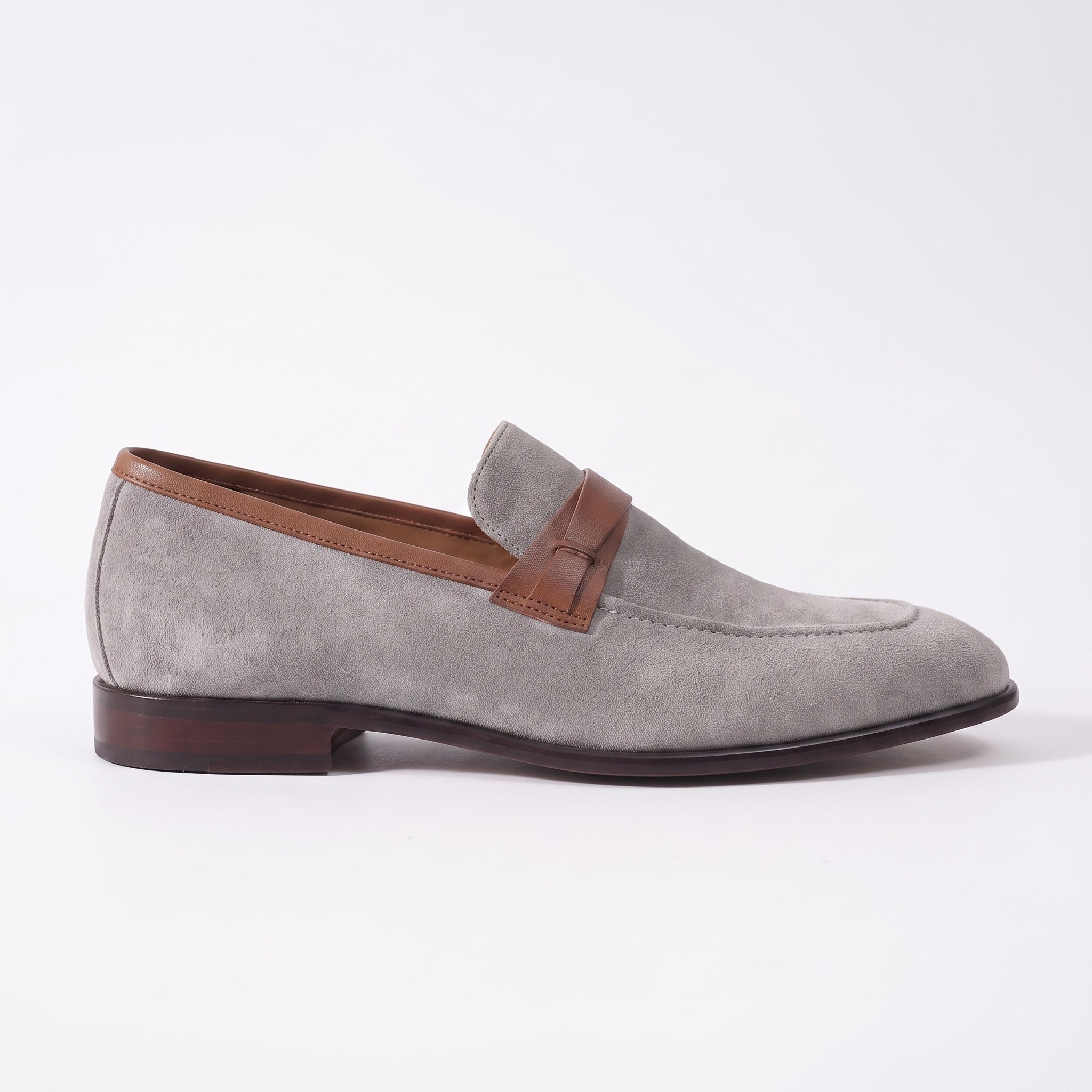Light Gray and Tan Apron-Toe Suede Penny Loafers — Waltham