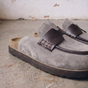 Light Gray Suede Apron-Toe Loafer Mules — Brentley