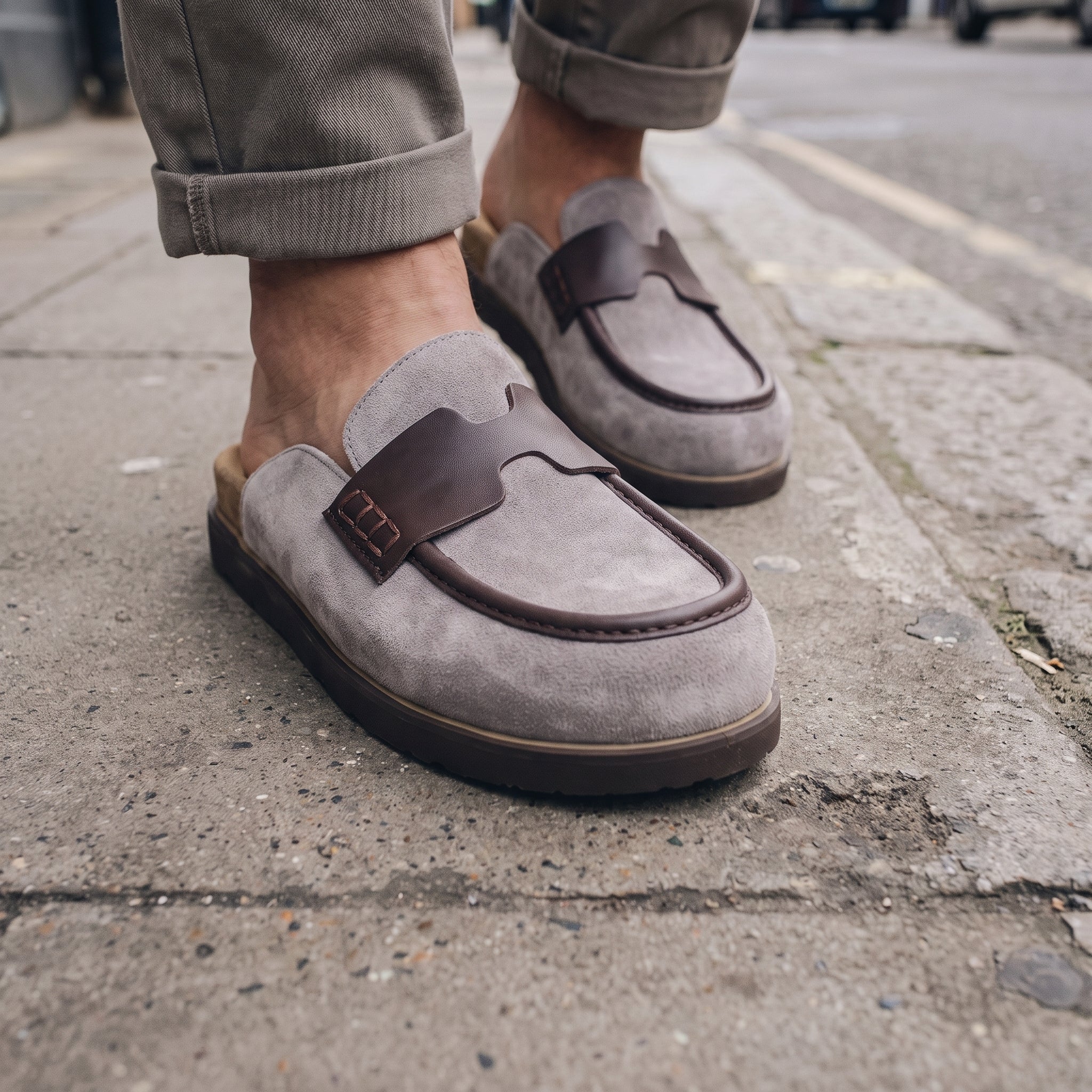 Light Gray Suede Apron-Toe Loafer Mules — Brentley