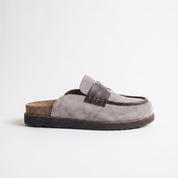 Light Gray Suede Apron-Toe Loafer Mules — Brentley