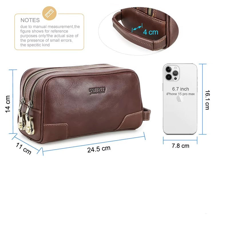 Men’s Anti-Theft Leather Clutch Bag, Secure Double Zipper Handbag with Lock & Handle