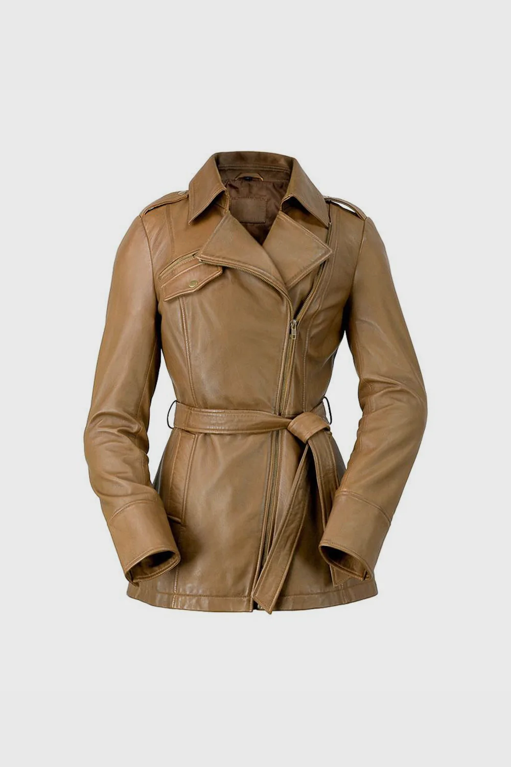 Women's Long Camel Dyed Leather Jacket
