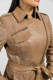 Women's Long Camel Dyed Leather Jacket