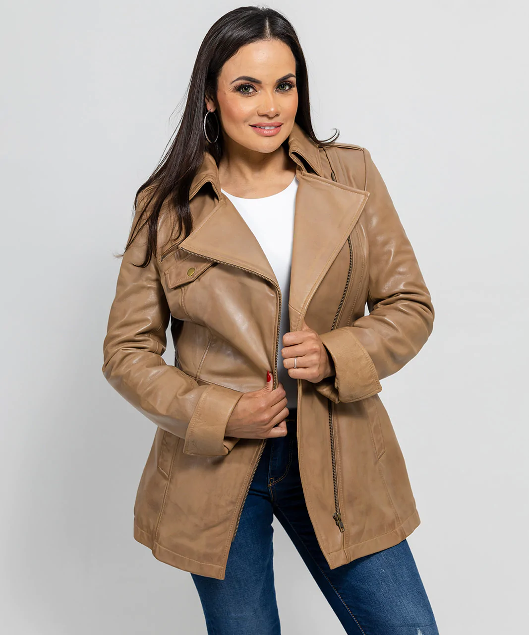 Women's Long Camel Dyed Leather Jacket