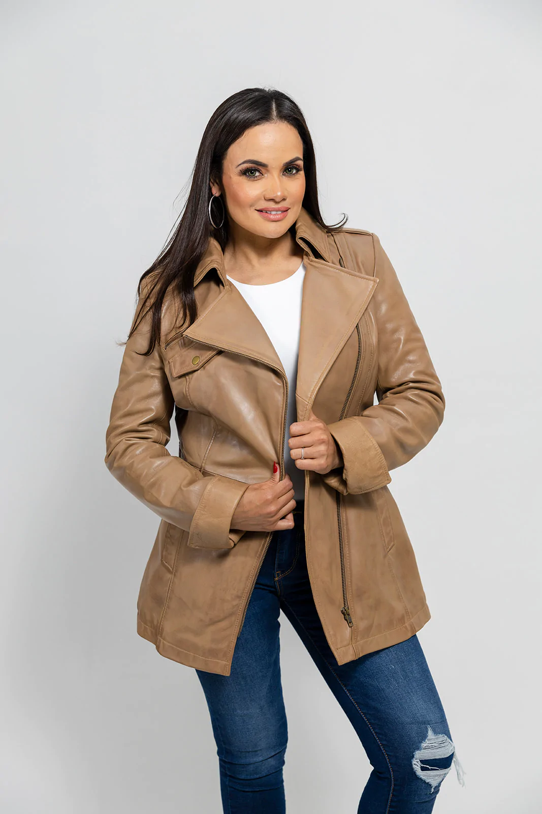 Women's Long Camel Dyed Leather Jacket