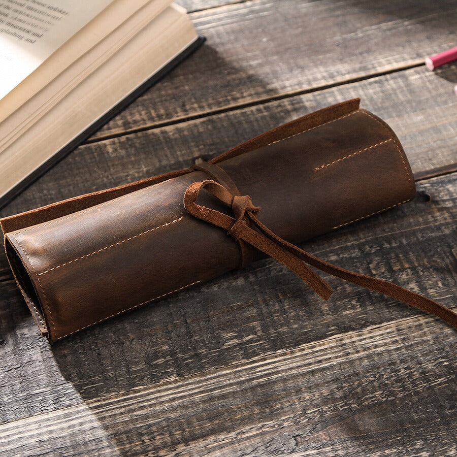 Luxury Genuine Leather Vintage Roll-Up Pencil Case - Student Stationery Hol