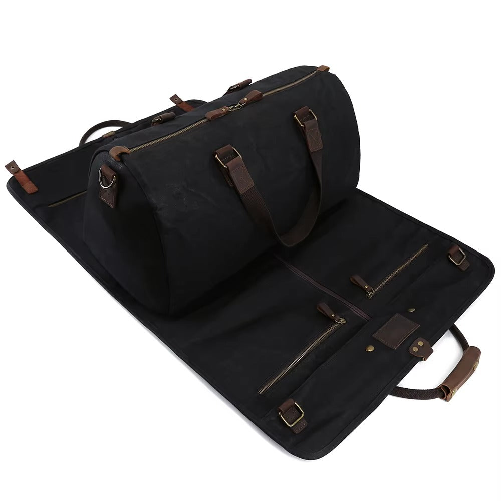 Convertible Waxed Canvas Travel Duffel, Foldable Luggage for Travel & Camping - Black
