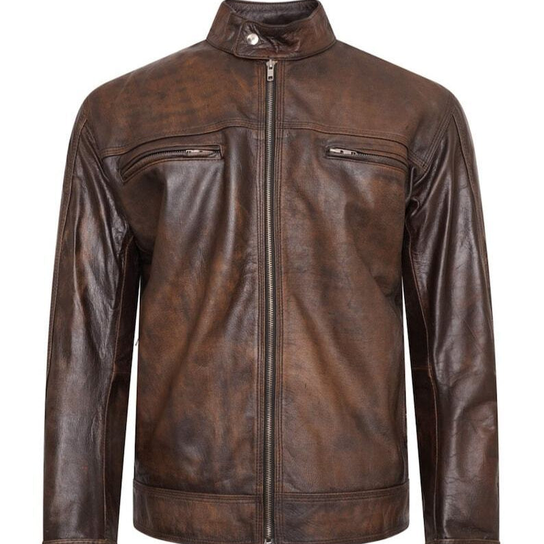 Men antique brown leather jacket, Men brown biker leather jacket