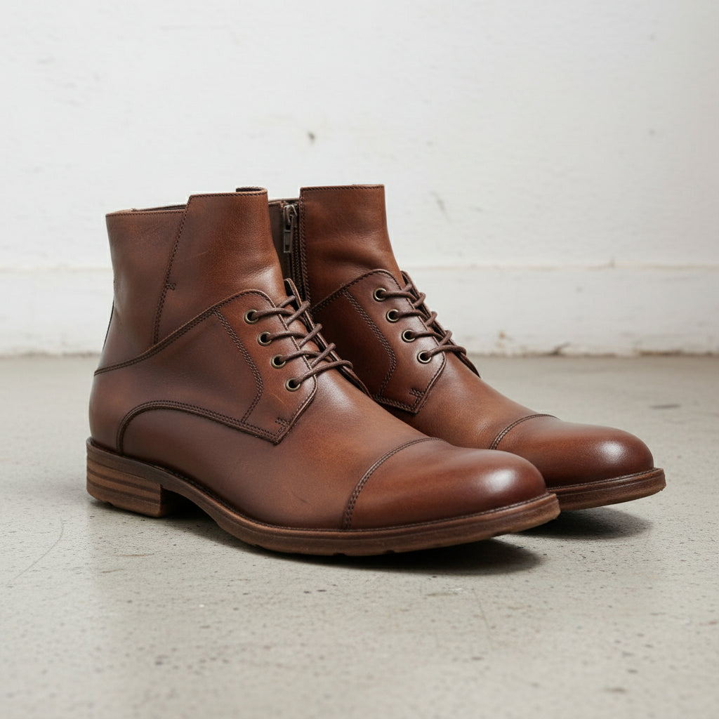 Men Antique Brown Side Zipper Ankle Boots, Brown Ankle High Biker Boots - 3-4-right-view