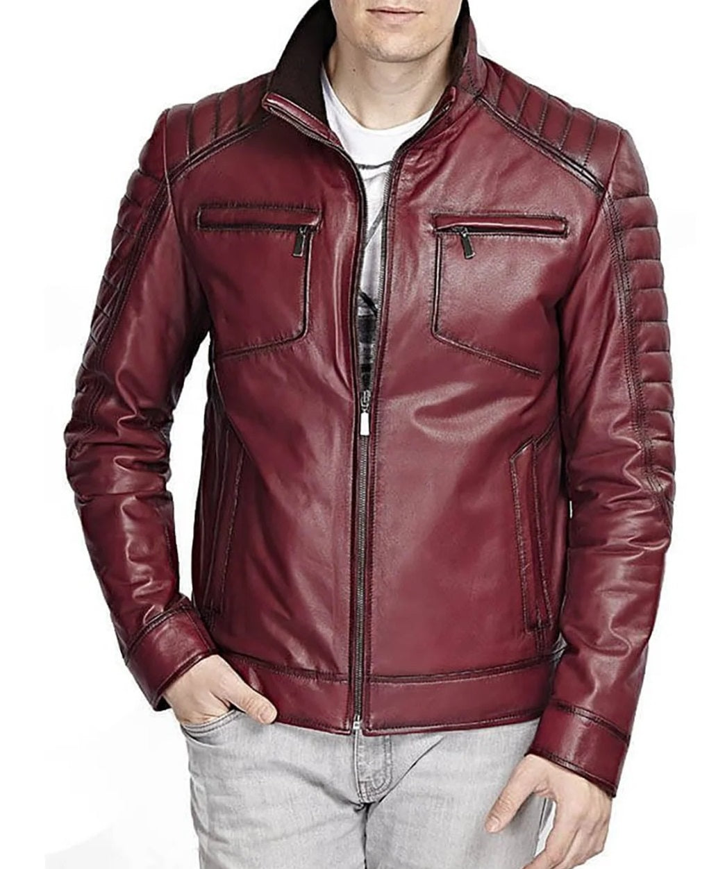 Men Antique maroon color leather jacket, Men maroon biker jacket