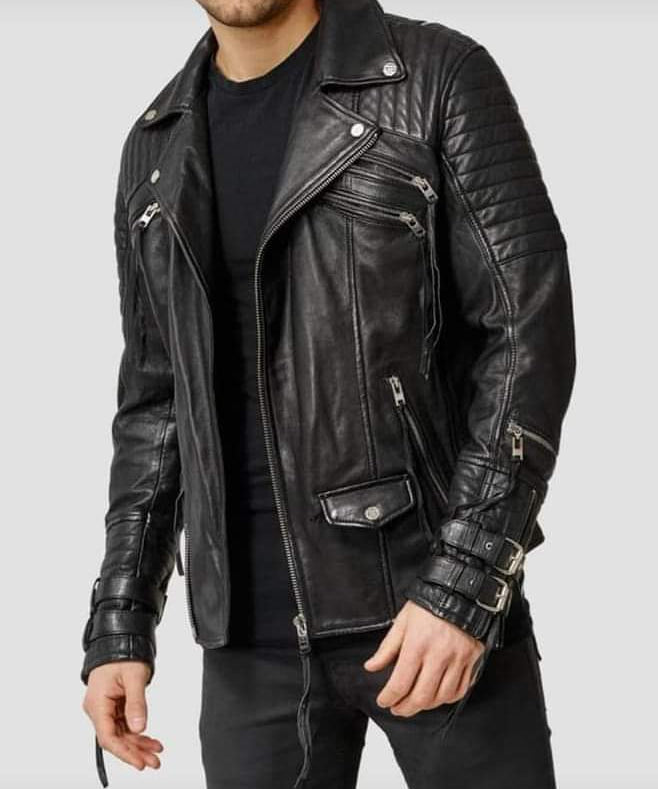 Men Black biker belted leather jacket, Men multi pockets leather jacket