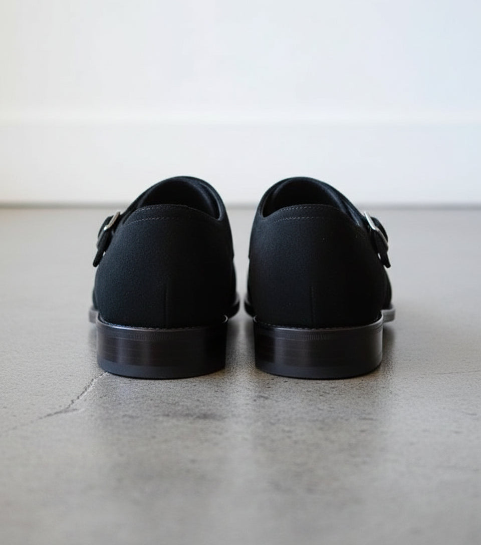 Men Black Color Formal Double Monk Shoes, Classic Suede Dress Shoes - back-view