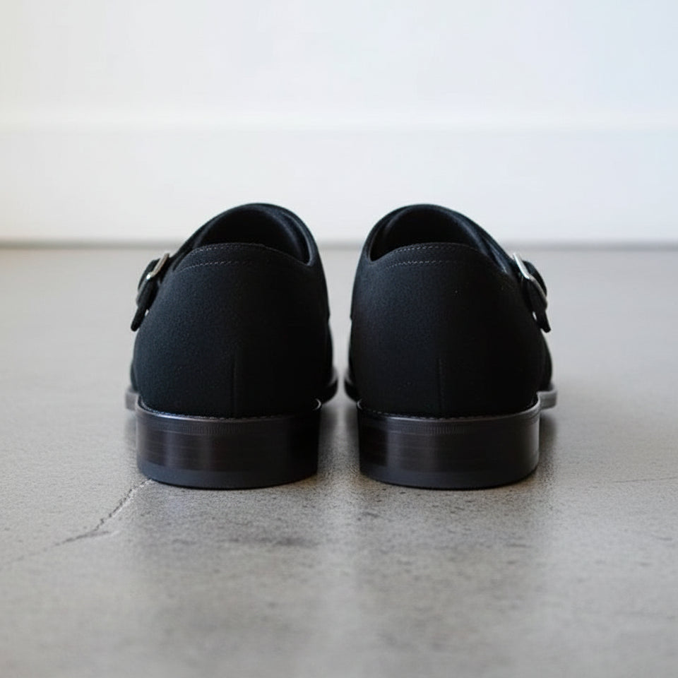 Men Black Color Formal Double Monk Shoes, Classic Suede Dress Shoes - back-view