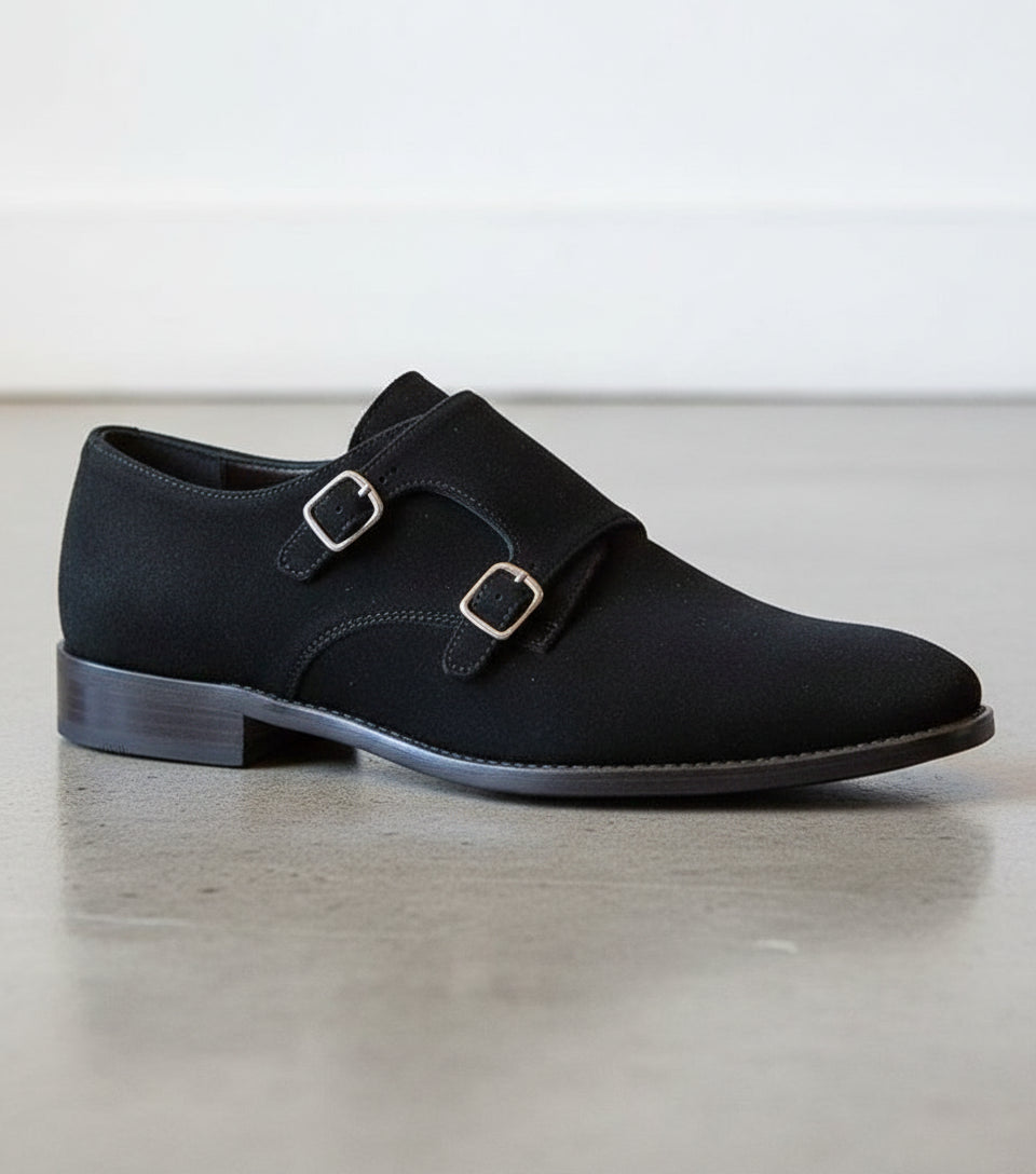 Men Black Color Formal Double Monk Shoes, Classic Suede Dress Shoes - detail-view-showing-texture