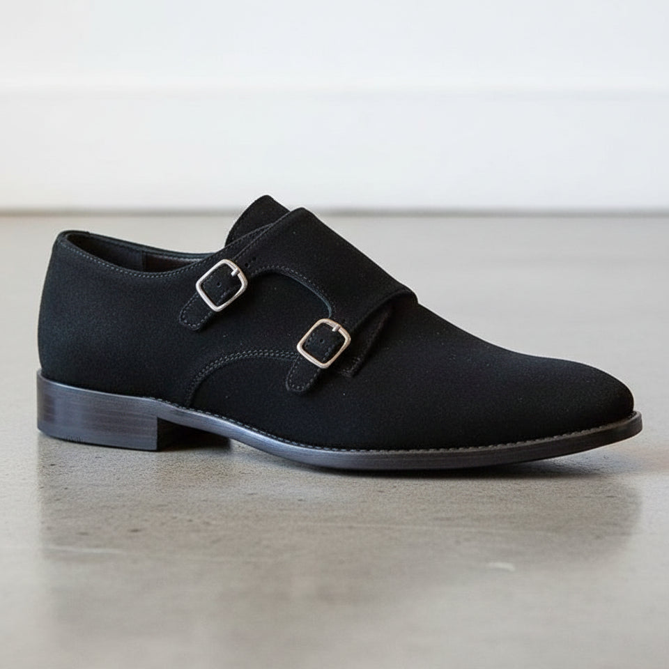 Men Black Color Formal Double Monk Shoes, Classic Suede Dress Shoes - detail-view-showing-texture