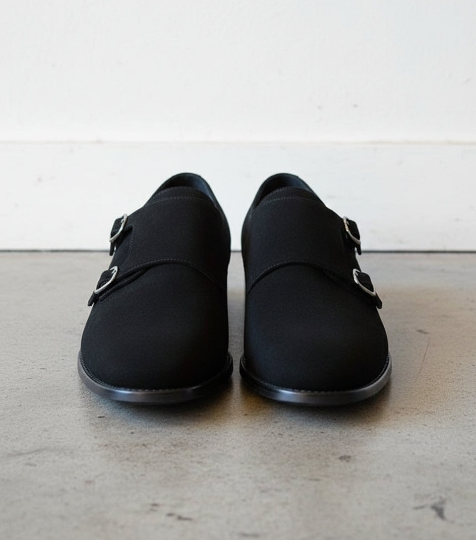 Men Black Color Formal Double Monk Shoes, Classic Suede Dress Shoes - front-view