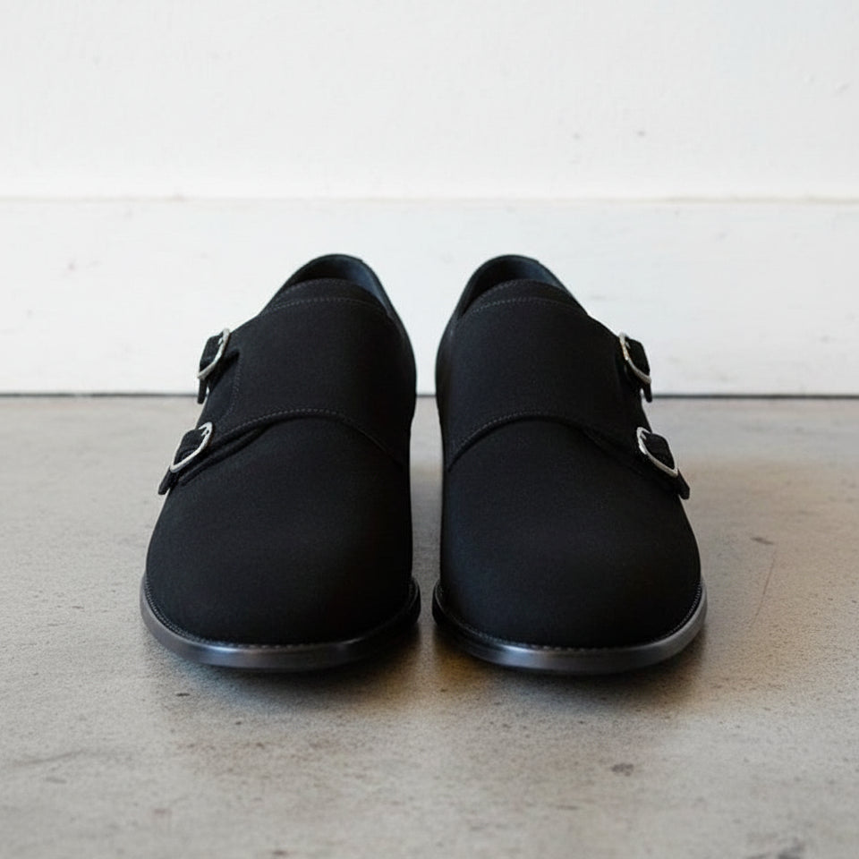 Men Black Color Formal Double Monk Shoes, Classic Suede Dress Shoes - front-view