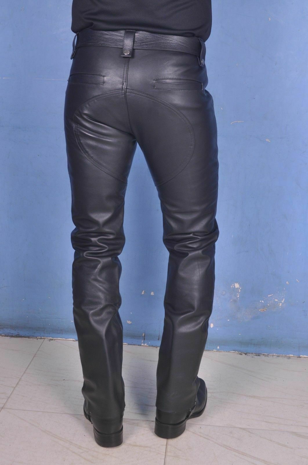 Men Black Color Leather Jeans, Men Rock fashion double zip leather