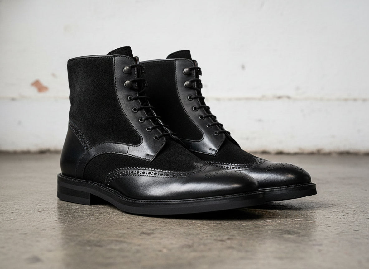 Men Black Combat Boots, Boots, Wing Tip Ankle Boots - angle-view-showing-depth