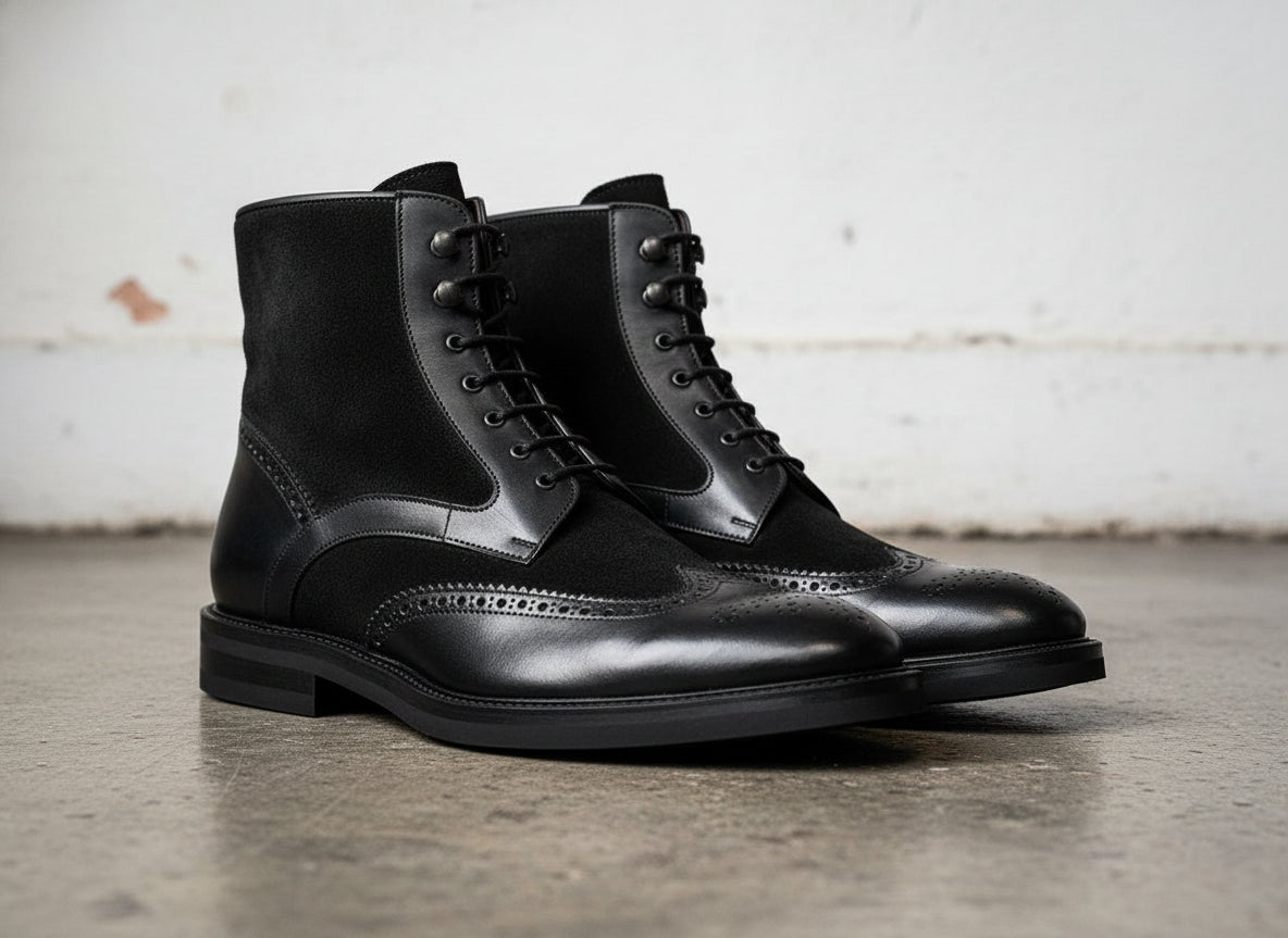 Men Black Combat Boots, Boots, Wing Tip Ankle Boots - angle-view-showing-depth
