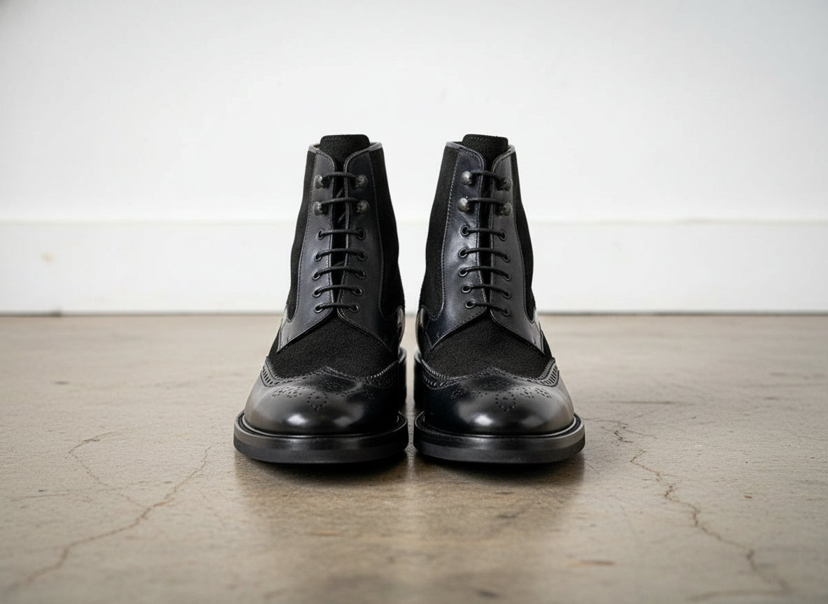 Men Black Combat Boots, Boots, Wing Tip Ankle Boots - front-view