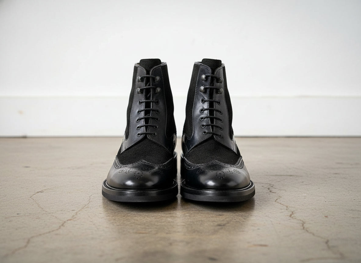 Men Black Combat Boots, Boots, Wing Tip Ankle Boots - front-view