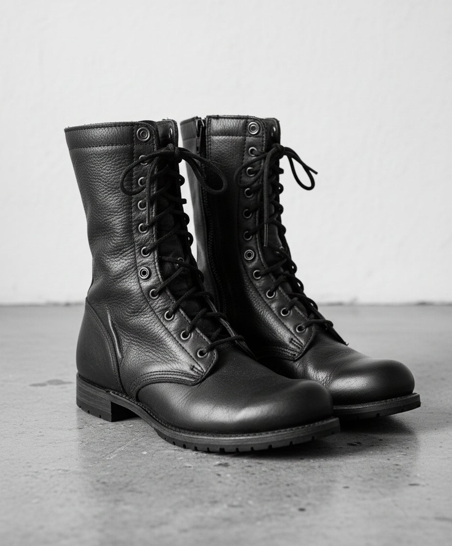 Men Black Combat Boots, Style Leather Boots, Army Boot - angle-view-showing-depth