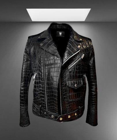Men black crocodile biker leather jacket, Men motorcyc leather j