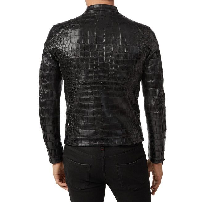Men Black Crocodile Embossed Pattern leather Jacket , Men Leather jacket