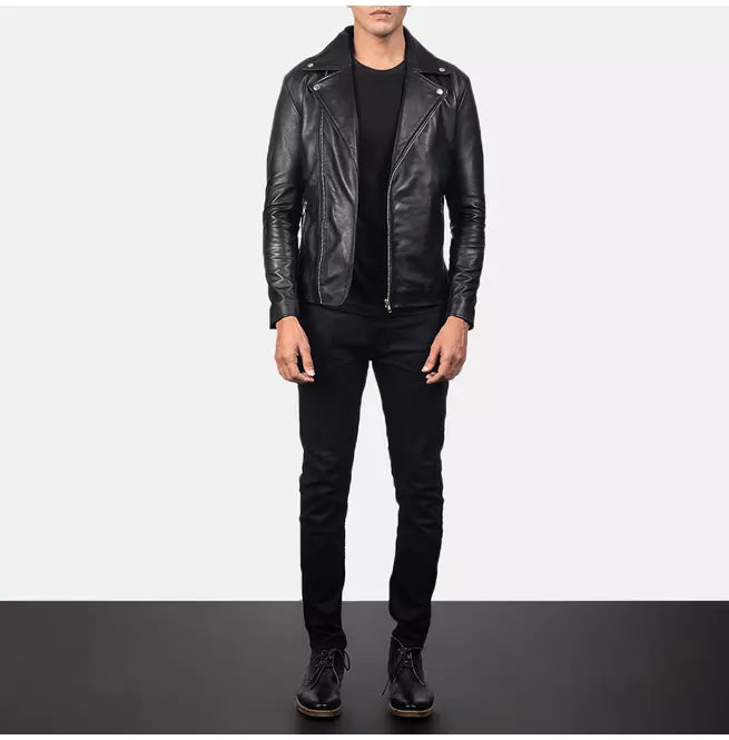Men Black Leather Biker Jacket, Mens wide collar jacket , Mens Jackets